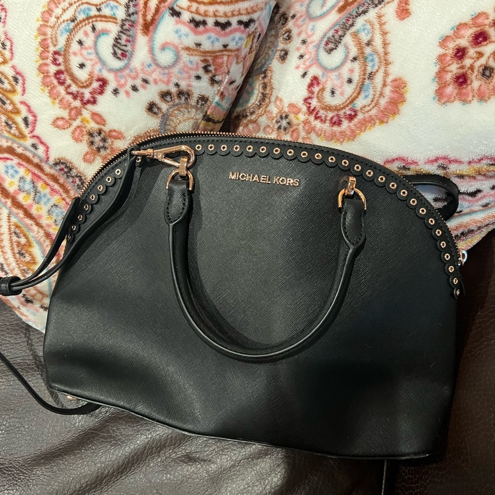 Michael Kors Large Black Dome Satchel with Rose Gold Accents